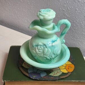 Vintage 70s Avon Jadeite Swirl Milk Glass  Pitcher With Stopper and Basin